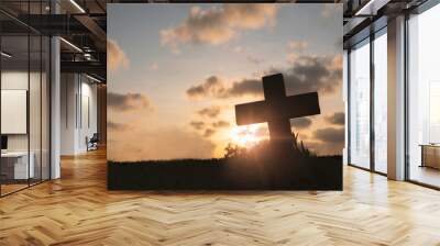 Silhouette Jesus christ death on cross crucifixion on calvary hill in sunset good friday risen in easter day concept for Christian praise for holy spirit religious God, Catholic praying background. Wall mural